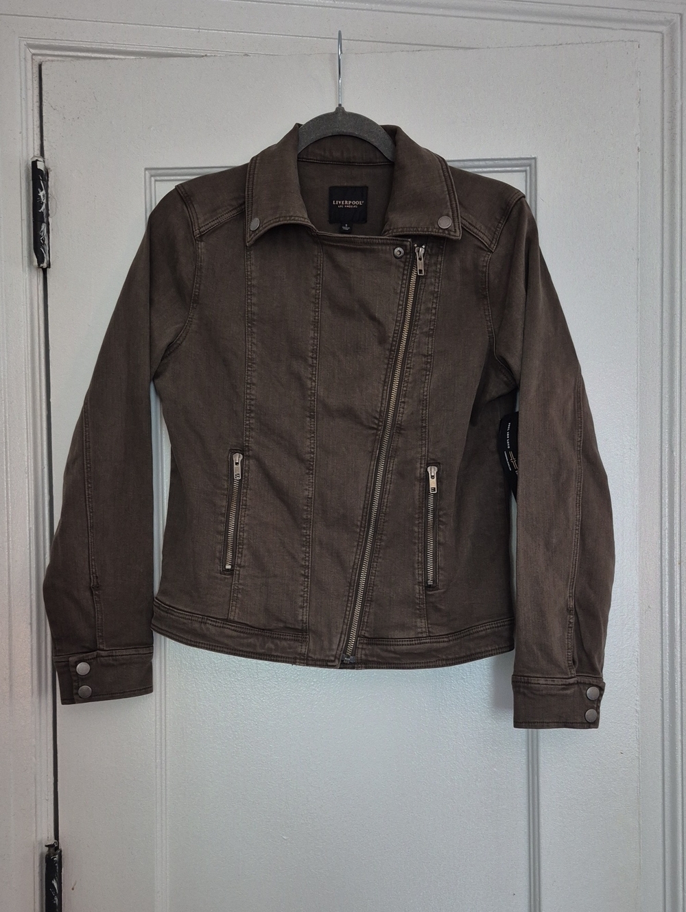Liverpool Bradford Denim Asymetrical Zip Jacket In Olive Night